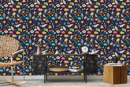 Wallpaper For Children - Planets, Stars, Rockets And Cosmonauts