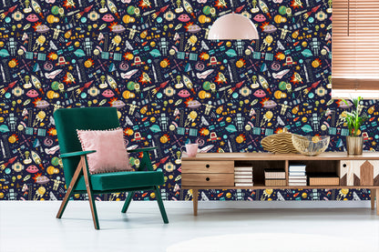 Wallpaper For Children - Planets, Stars, Rockets And Cosmonauts