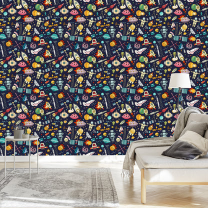 Wallpaper For Children - Planets, Stars, Rockets And Cosmonauts