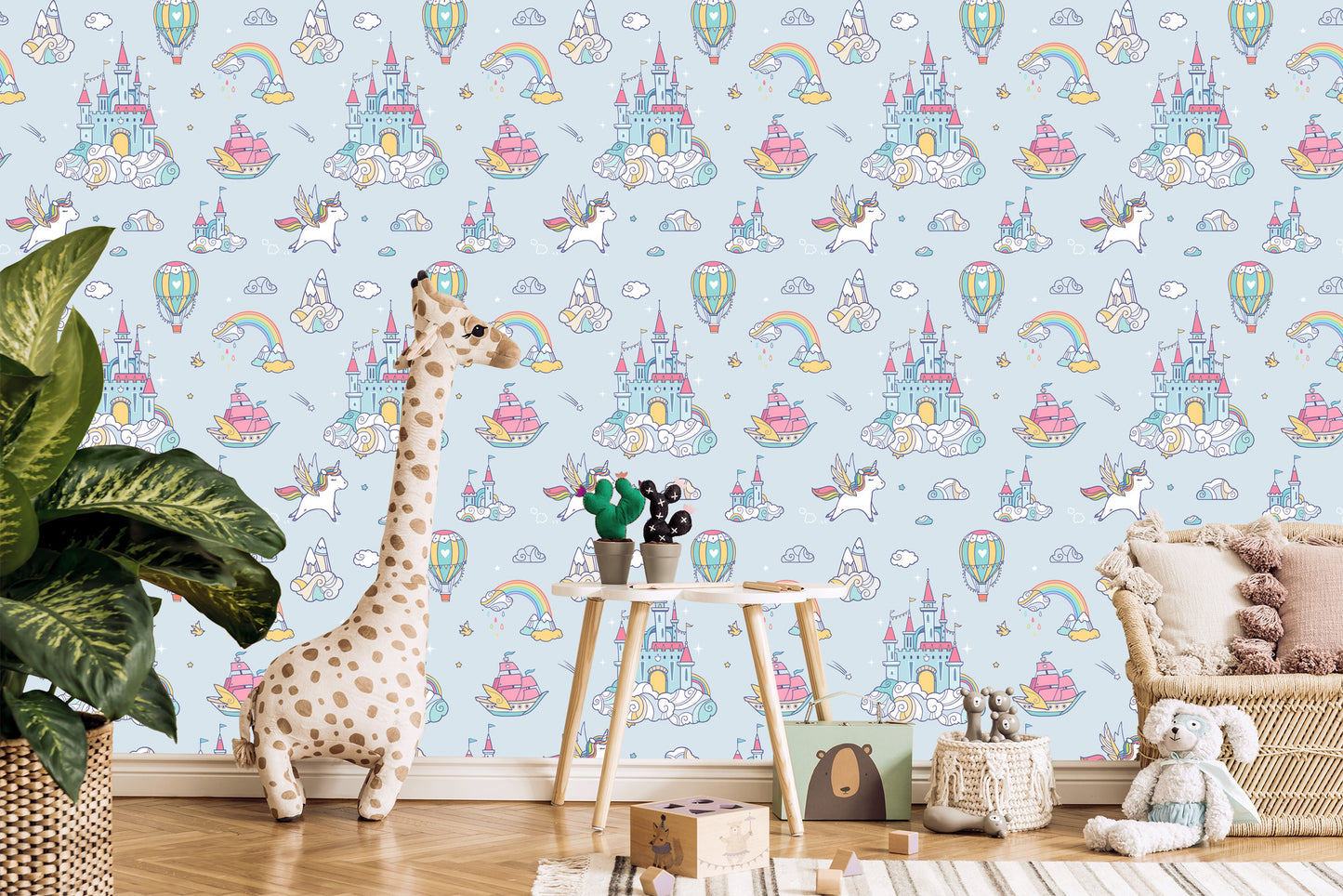 Wallpaper For Children Unicorns From A Fairy Tale Castle Rainbow
