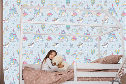 Wallpaper For Children Unicorns From A Fairy Tale Castle Rainbow