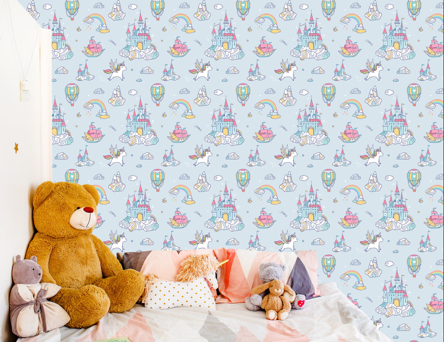 Wallpaper For Children Unicorns From A Fairy Tale Castle Rainbow