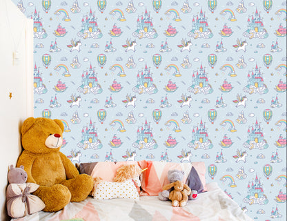 Wallpaper For Children Unicorns From A Fairy Tale Castle Rainbow
