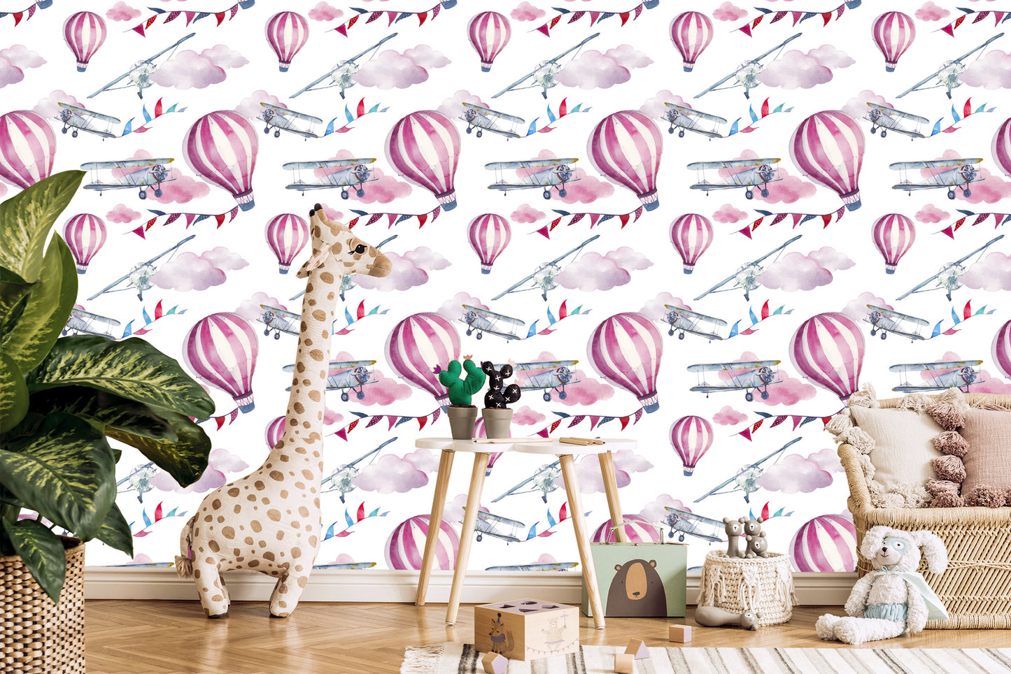 Wallpaper Airplanes Colorful Balloons For Children's Room