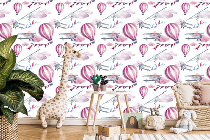 Wallpaper Airplanes Colorful Balloons For Children's Room