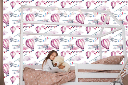 Wallpaper Airplanes Colorful Balloons For Children's Room