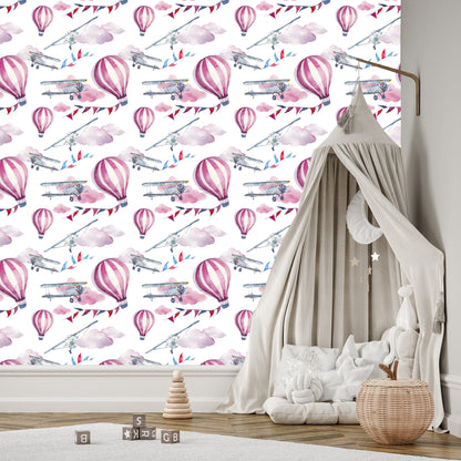 Wallpaper Airplanes Colorful Balloons For Children's Room