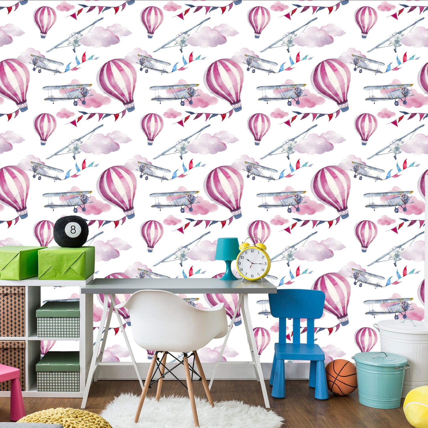 Wallpaper Airplanes Colorful Balloons For Children's Room