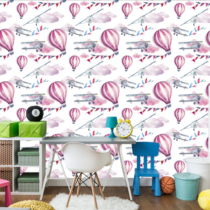 Wallpaper Airplanes Colorful Balloons For Children's Room