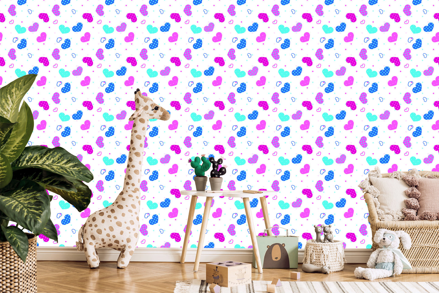 Wallpaper For Children - Blue, Pink And White Hearts