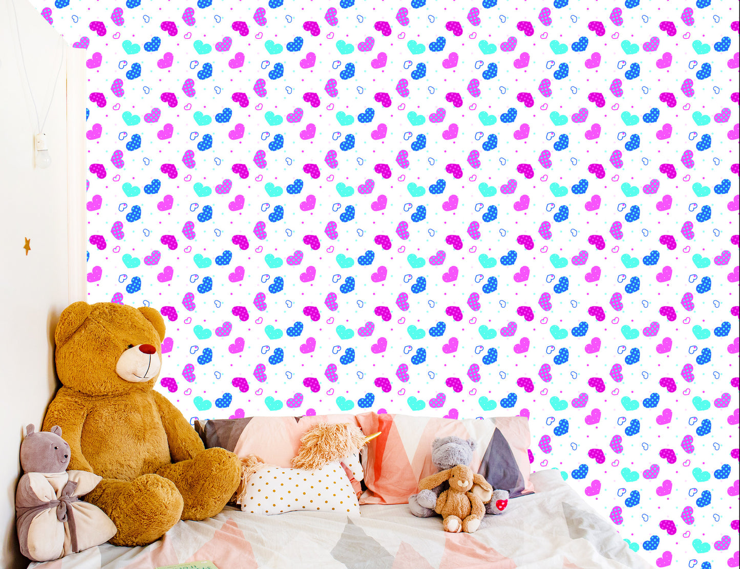 Wallpaper For Children - Blue, Pink And White Hearts