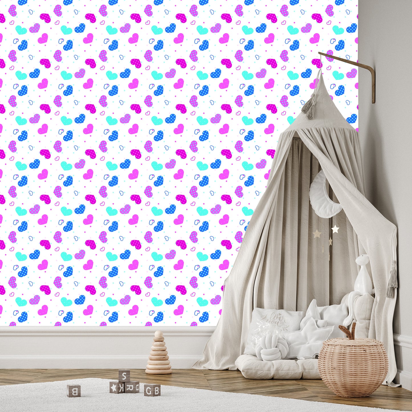 Wallpaper For Children - Blue, Pink And White Hearts