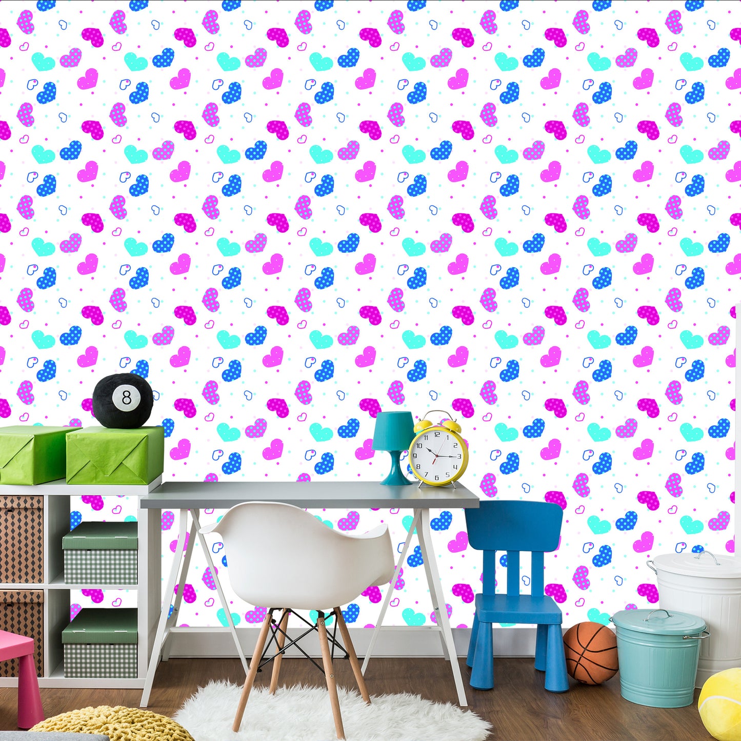 Wallpaper For Children - Blue, Pink And White Hearts
