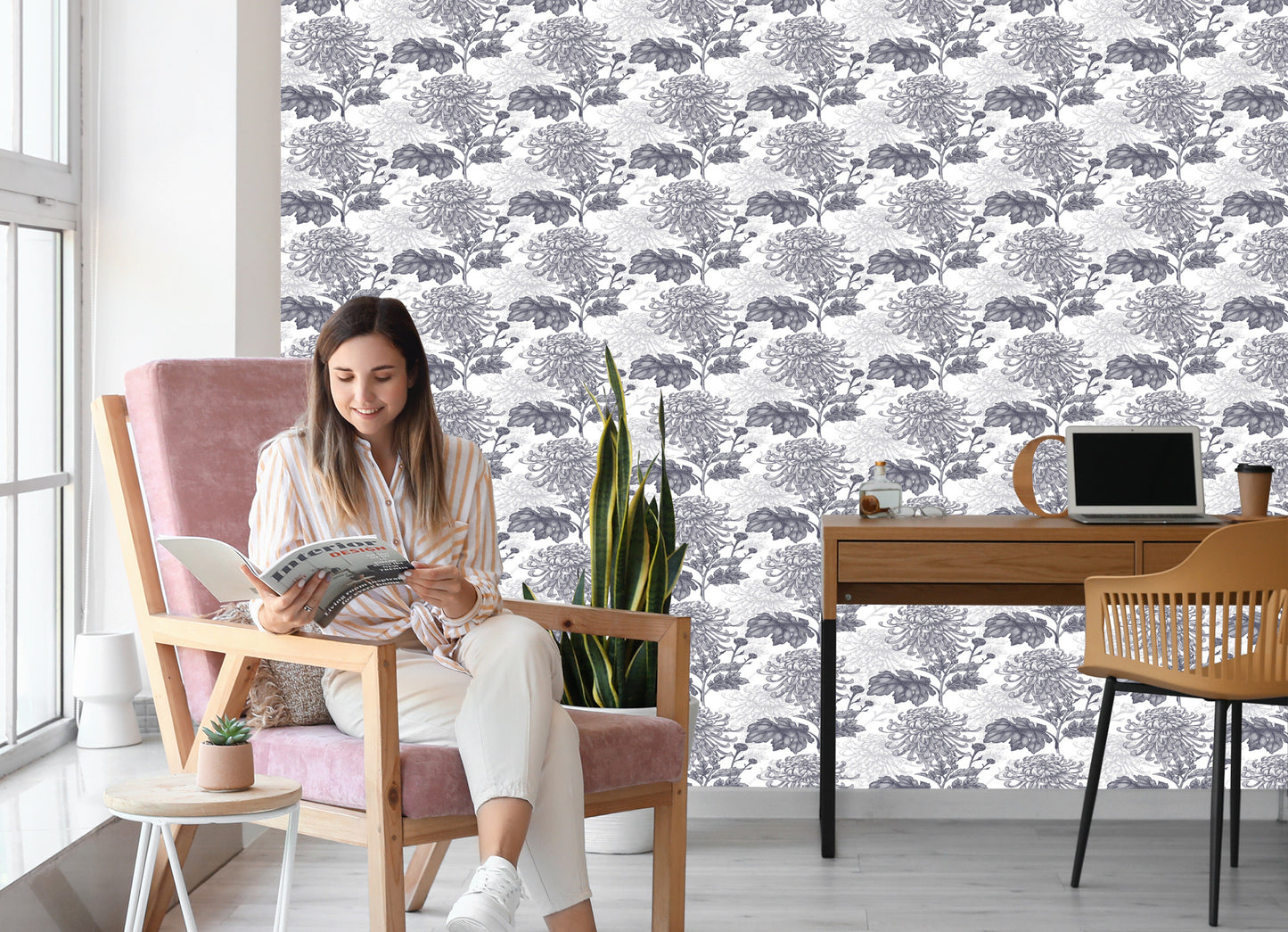 Wallpaper Black And White Chrysanthemums