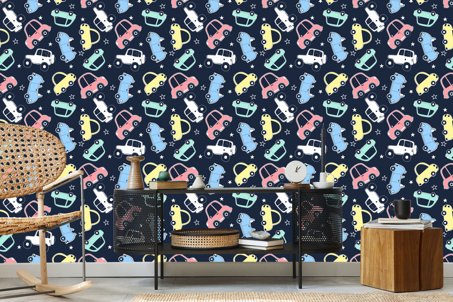 Wallpaper In Colorful Star Cars Children's Room