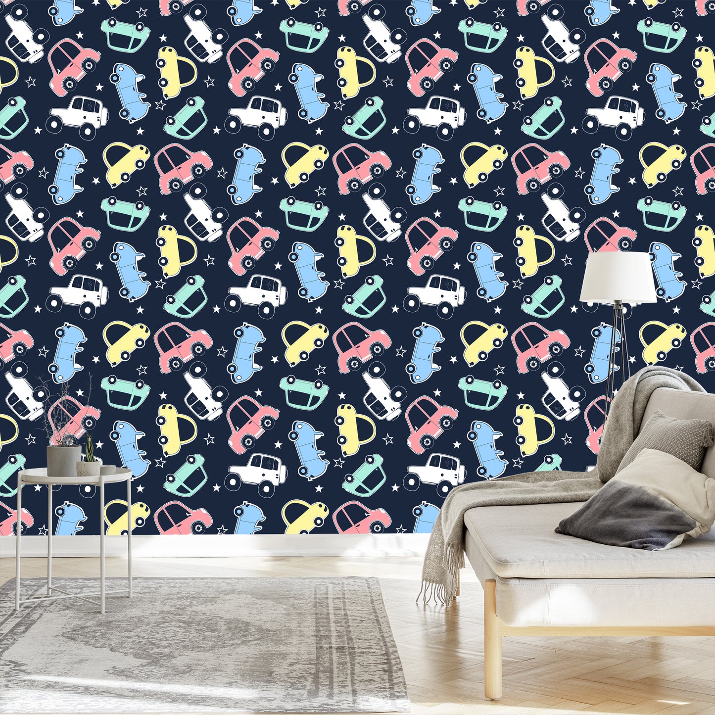 Wallpaper In Colorful Star Cars Children's Room