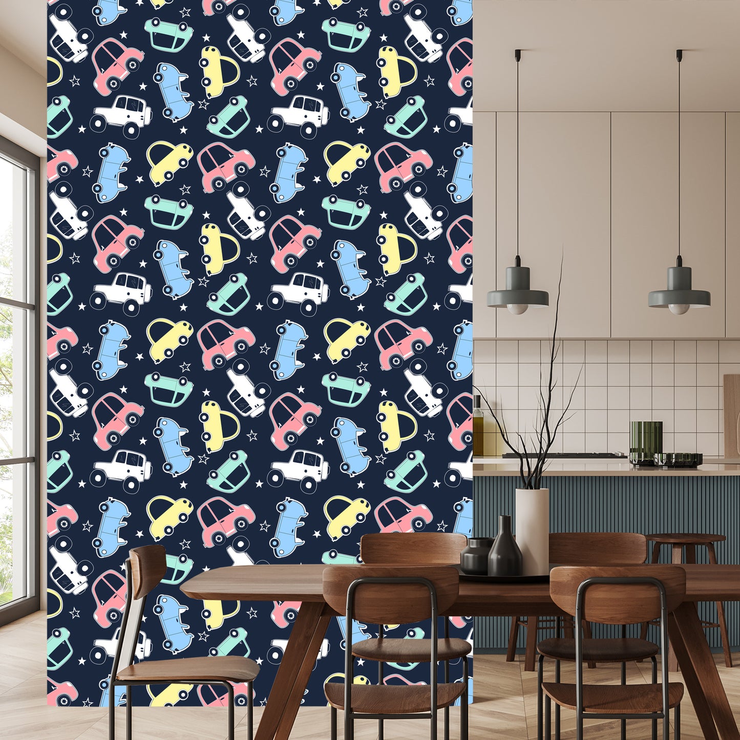 Wallpaper In Colorful Star Cars Children's Room