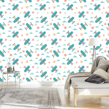 Wallpaper For Children, Colorful Star Clouds Airplanes