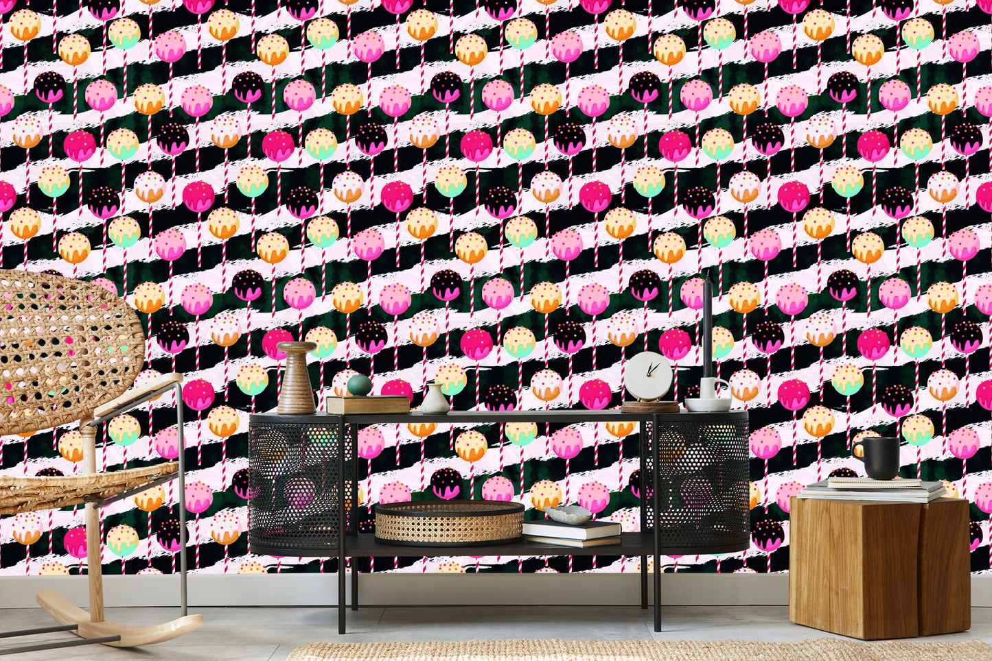 Wallpaper Colorful Lollipops On A Zigzag Background