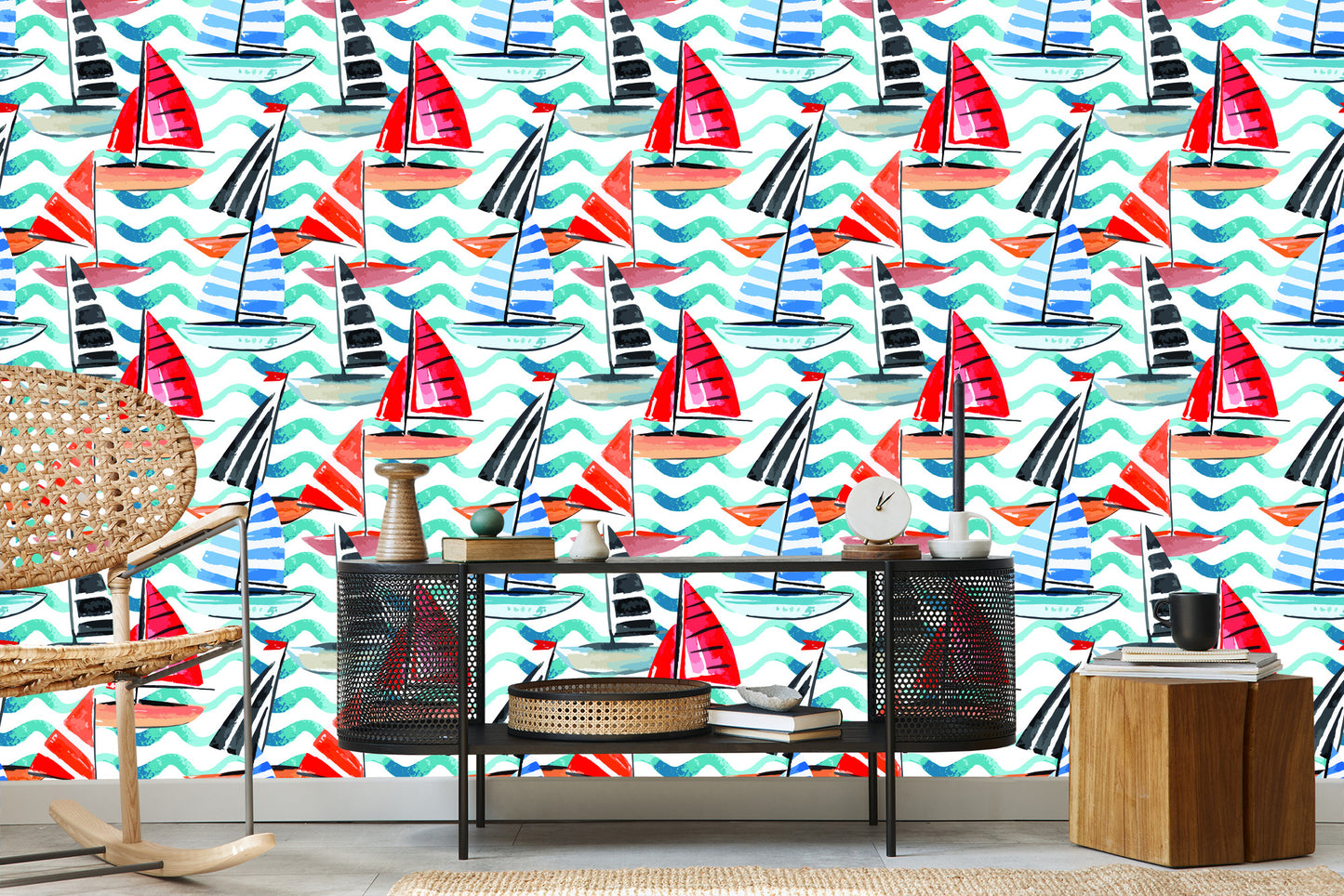 Wallpaper Sailboats Painted With Watercolor