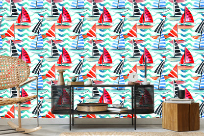 Wallpaper Sailboats Painted With Watercolor