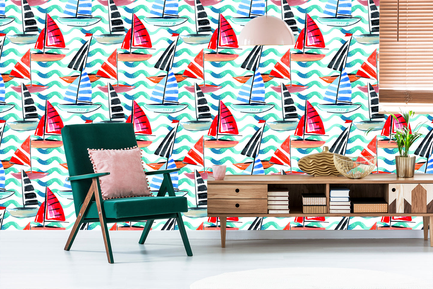 Wallpaper Sailboats Painted With Watercolor