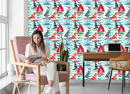 Wallpaper Sailboats Painted With Watercolor