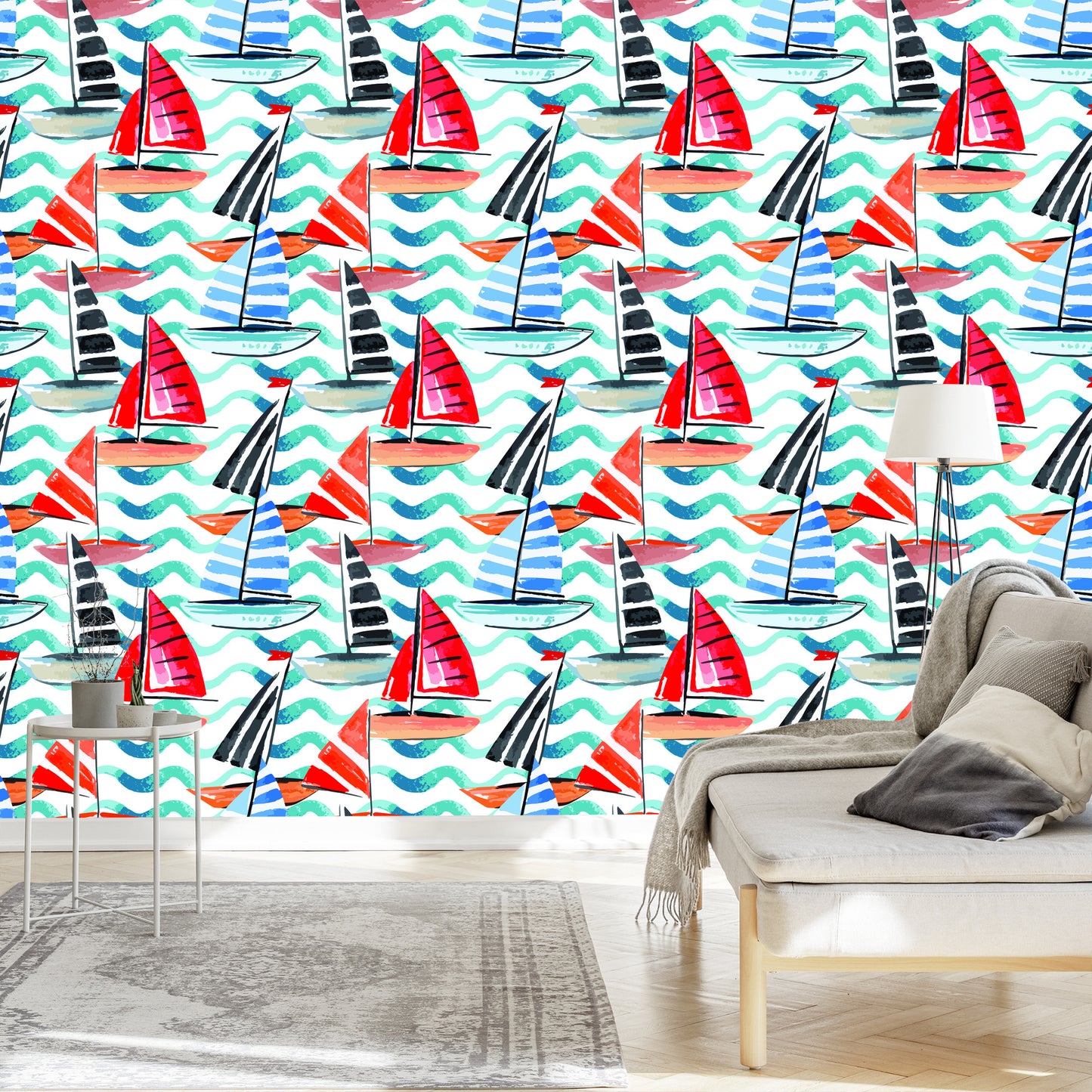 Wallpaper Sailboats Painted With Watercolor