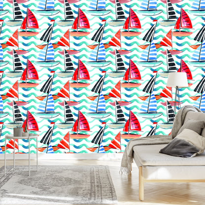 Wallpaper Sailboats Painted With Watercolor