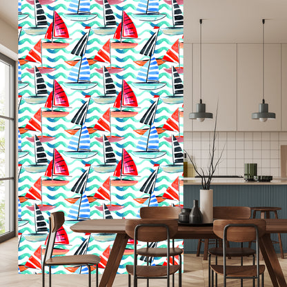 Wallpaper Sailboats Painted With Watercolor