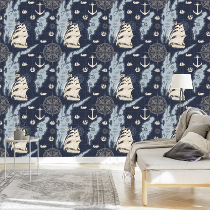 Wallpaper Ships On A Vintage Treasure Map