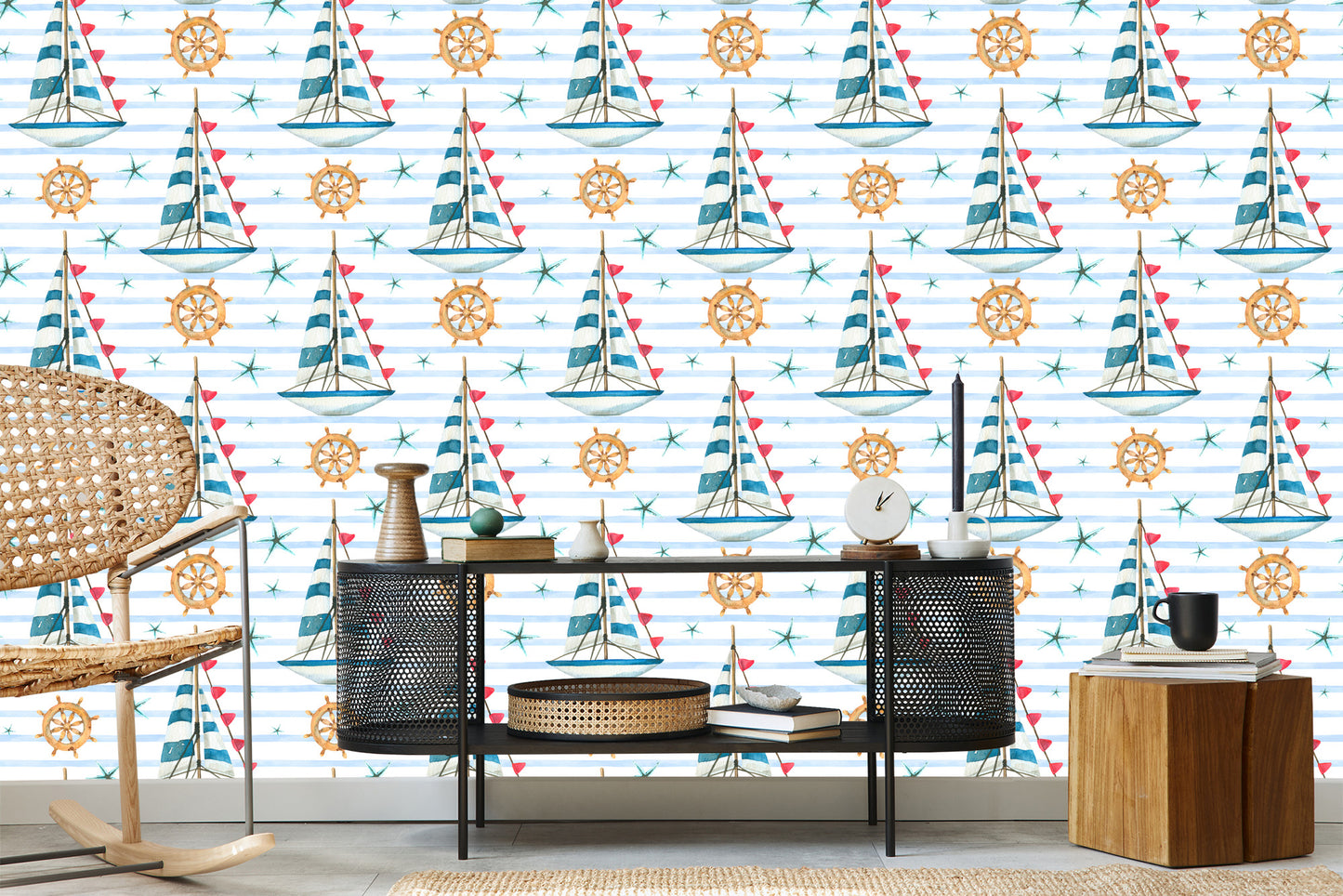 Wallpaper Sailboats On A Painted Stripes Background