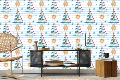 Wallpaper Sailboats On A Painted Stripes Background