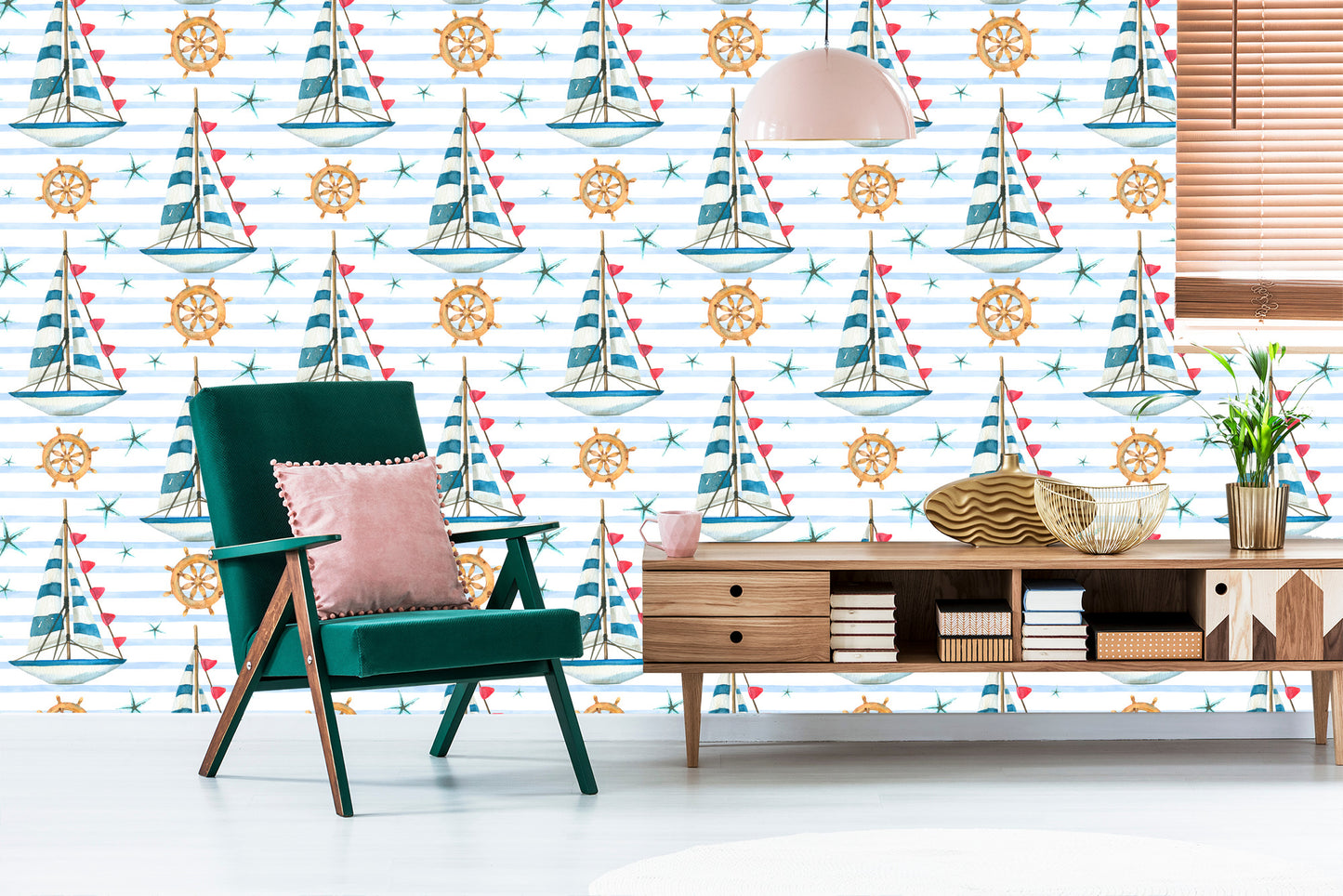 Wallpaper Sailboats On A Painted Stripes Background