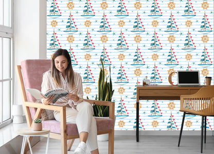 Wallpaper Sailboats On A Painted Stripes Background