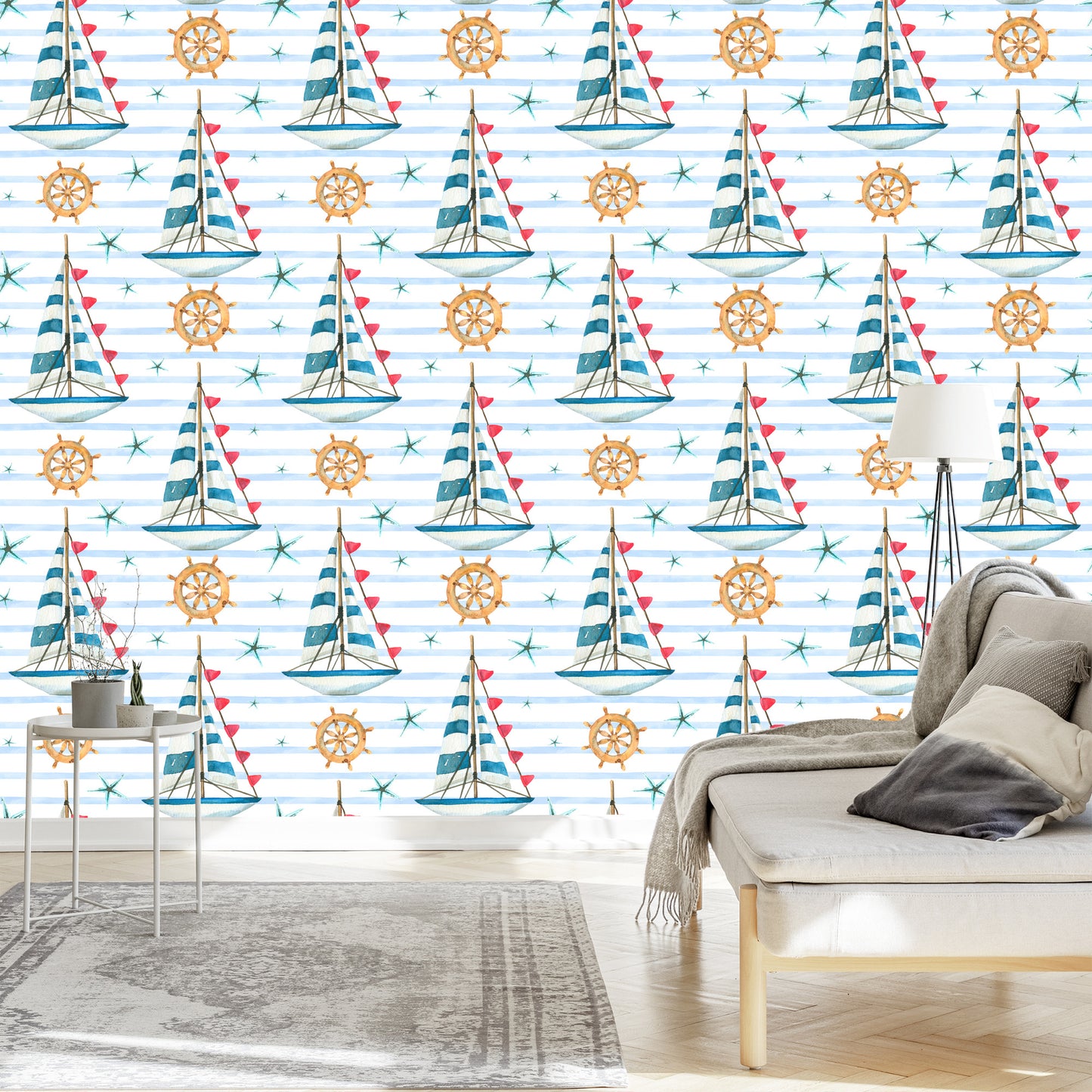 Wallpaper Sailboats On A Painted Stripes Background