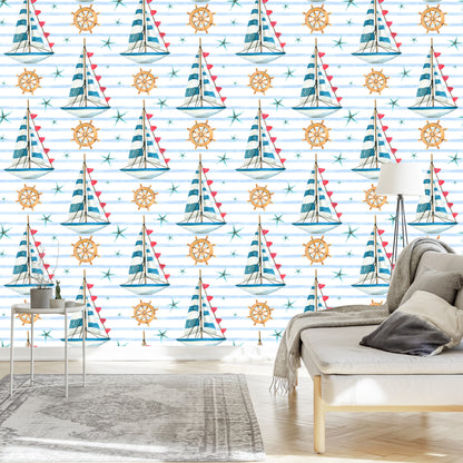 Wallpaper Sailboats On A Painted Stripes Background