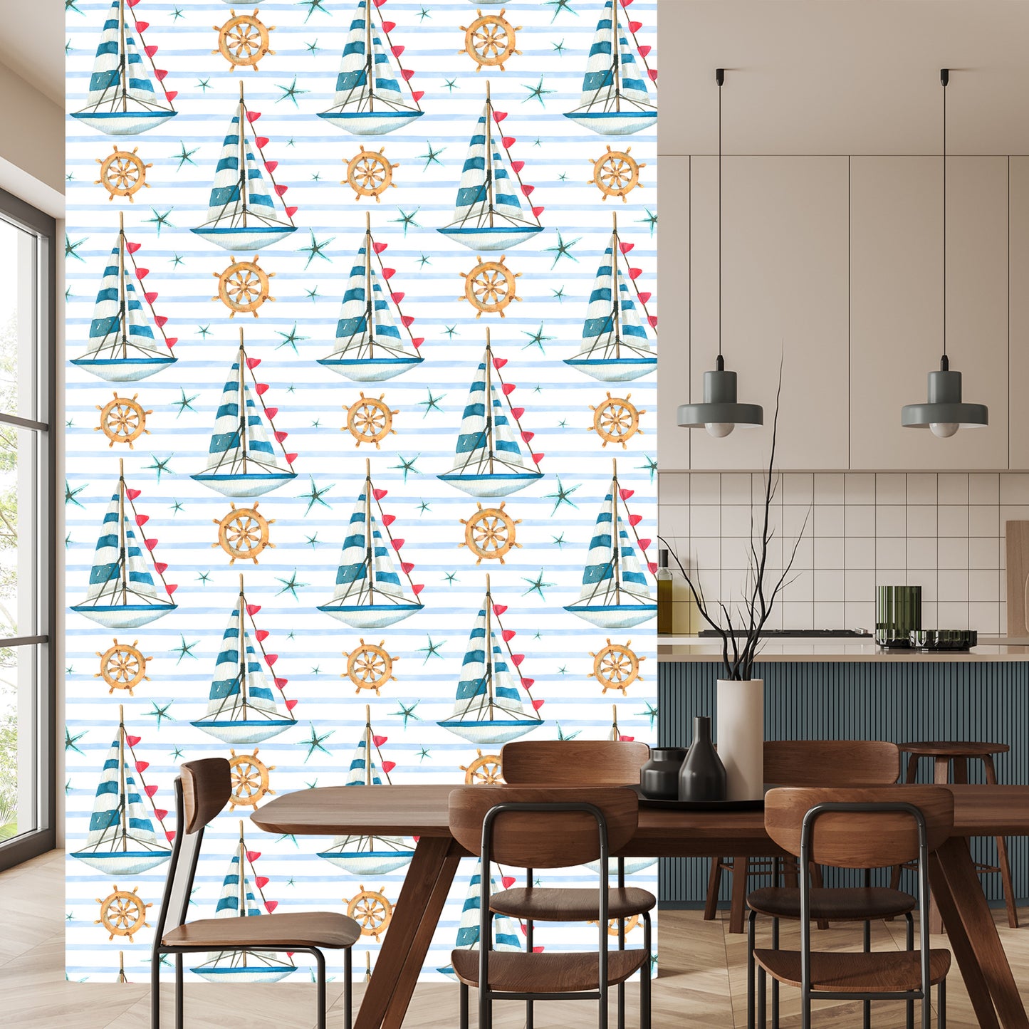 Wallpaper Sailboats On A Painted Stripes Background