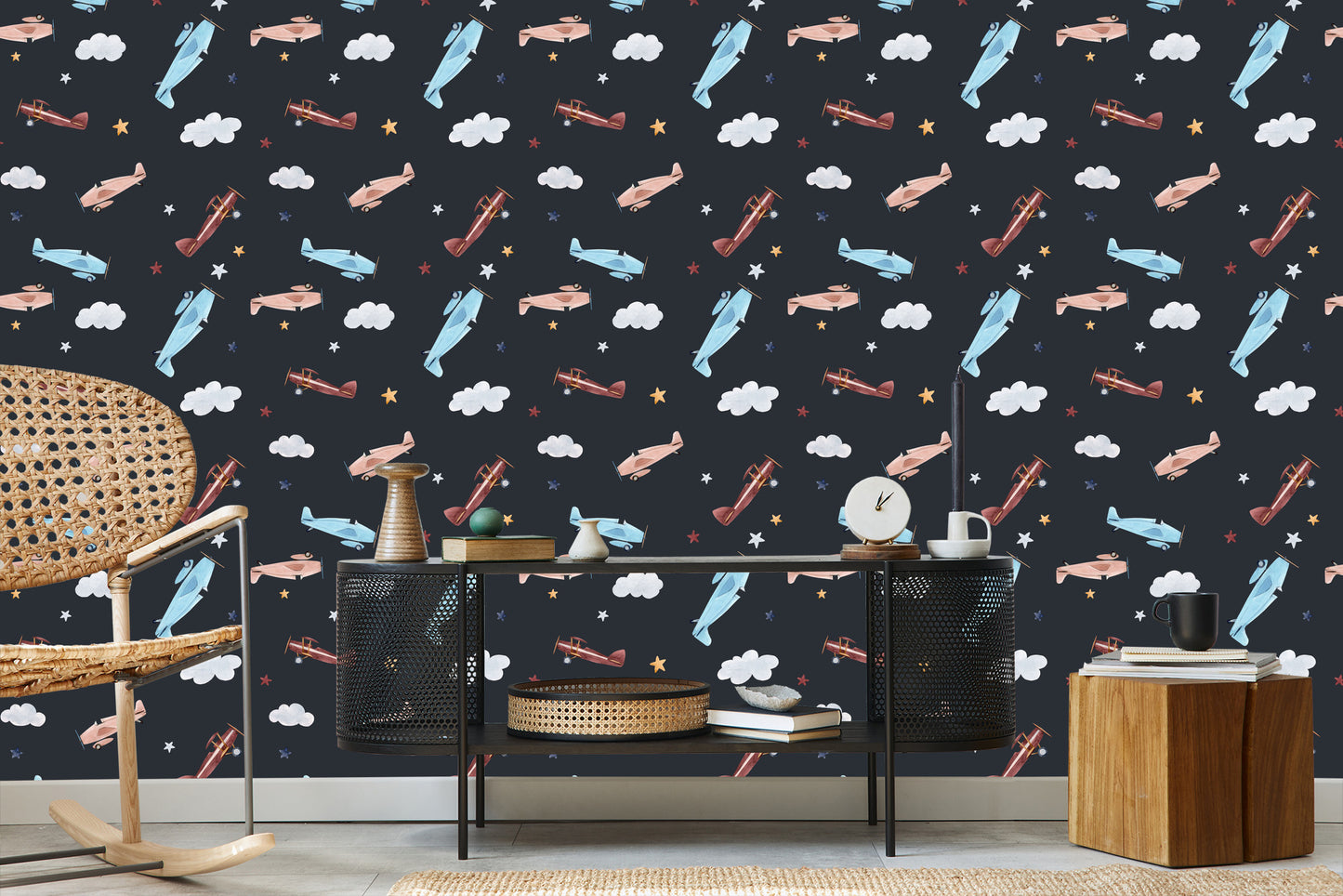 Wallpaper Retro Airplanes Painted With Watercolors