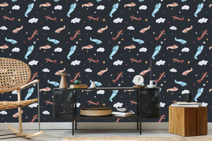 Wallpaper Retro Airplanes Painted With Watercolors