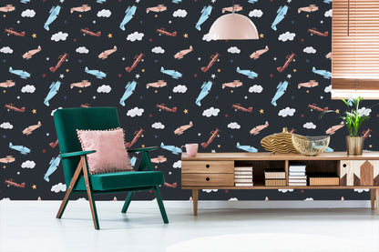 Wallpaper Retro Airplanes Painted With Watercolors