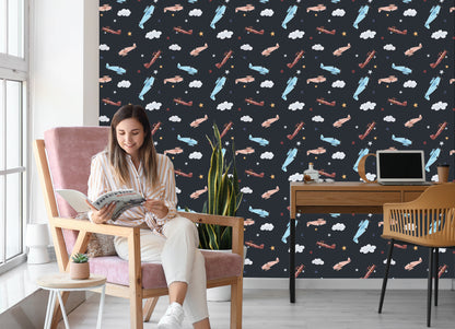Wallpaper Retro Airplanes Painted With Watercolors