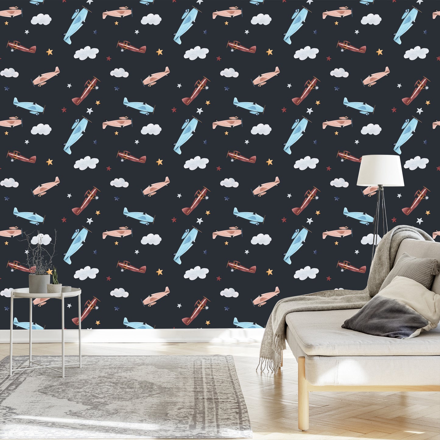 Wallpaper Retro Airplanes Painted With Watercolors