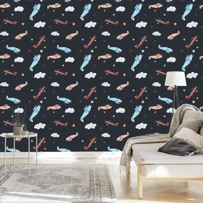 Wallpaper Retro Airplanes Painted With Watercolors