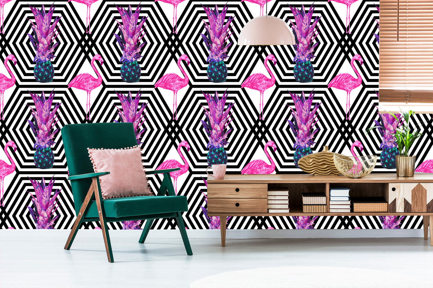 Wallpaper Pineapples And Flamingos