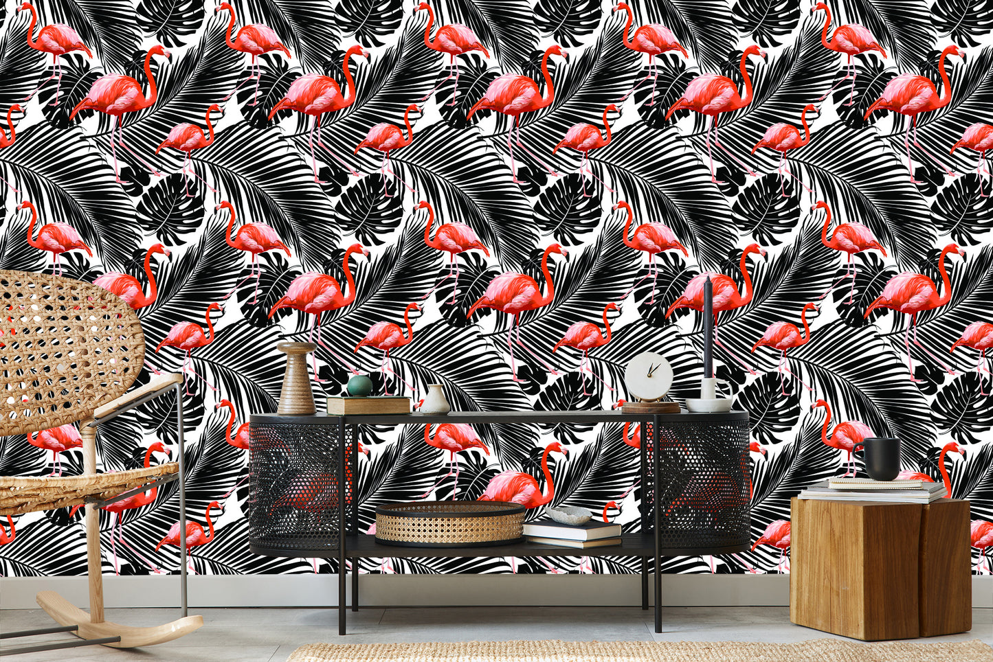 Wallpaper Flamingos And Black Exotic Leaves
