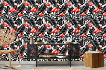 Wallpaper Flamingos And Black Exotic Leaves