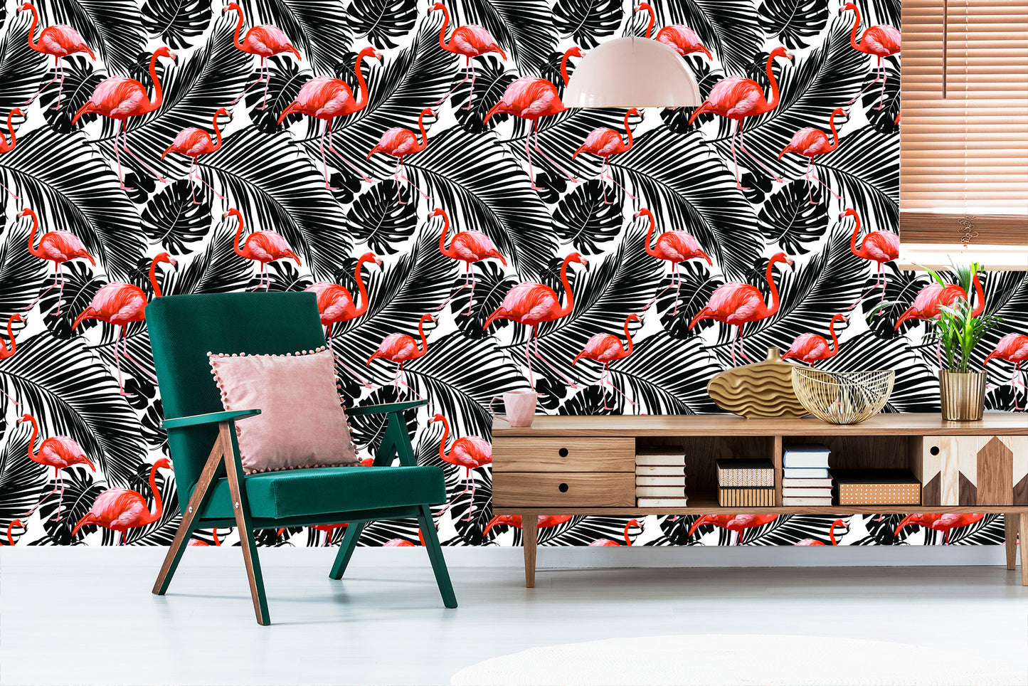 Wallpaper Flamingos And Black Exotic Leaves