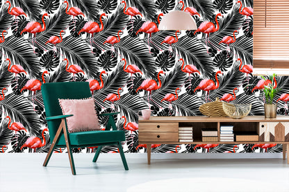 Wallpaper Flamingos And Black Exotic Leaves