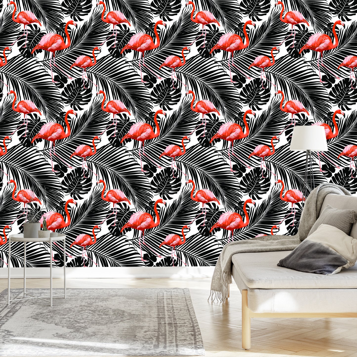 Wallpaper Flamingos And Black Exotic Leaves